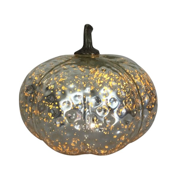 Mercury Silver Crackle Blown Glass LED Light up Pumpkin Halloween  10X9 - Picture 2 of 7